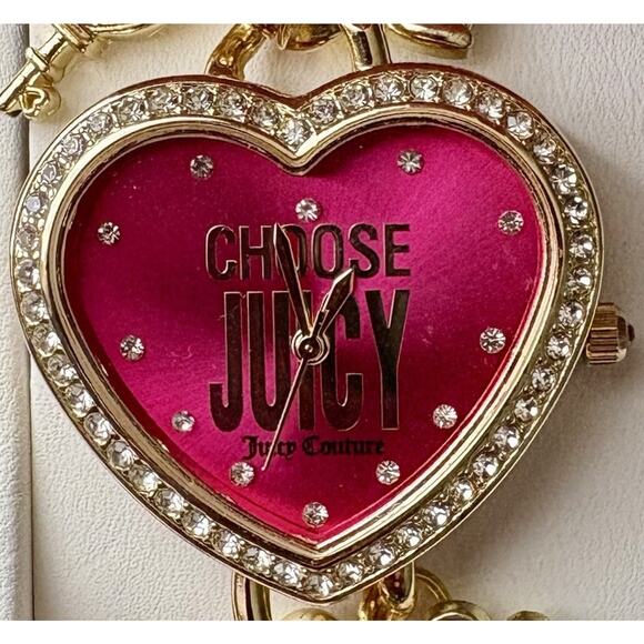 NIB JUICY COUTURE Gold Pink Rhinestone Heart Watch Charm Bracelet Crest Key GIFT - Picture 13 of 16